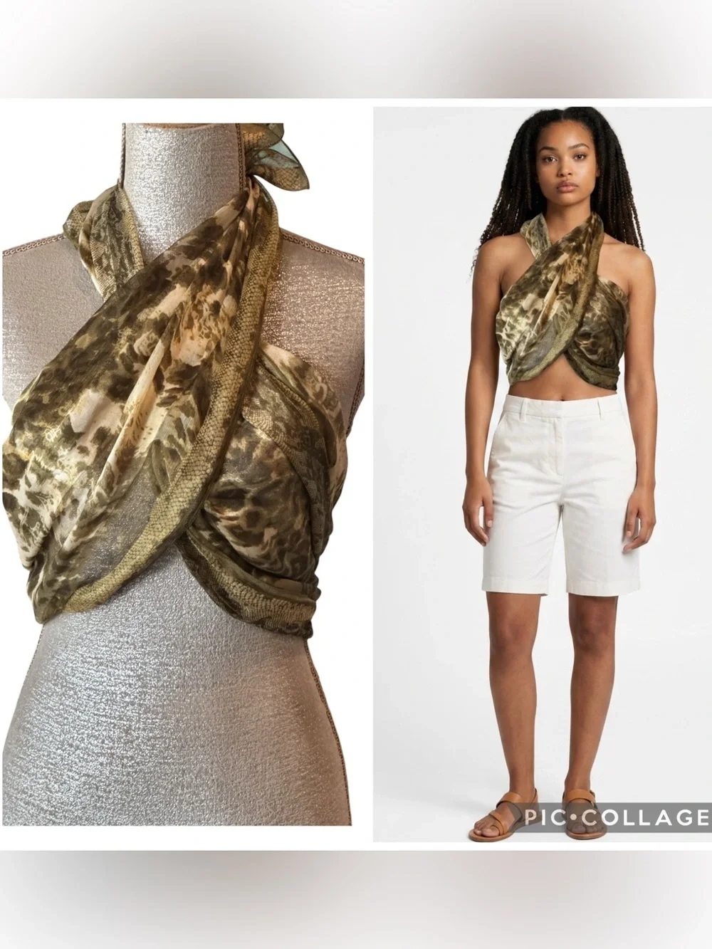 NWT Christian Fischbacher Silk Animal Print Oblong Scarf Wrap Olive Cream OS